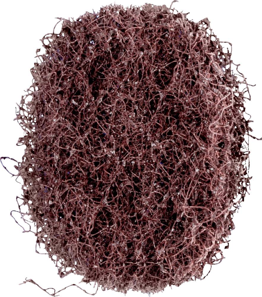 Ein ovaler, brauner Topfreiniger aus verwobenem Kunststoffmaterial zum Reinigen von Töpfen und Pfannen.