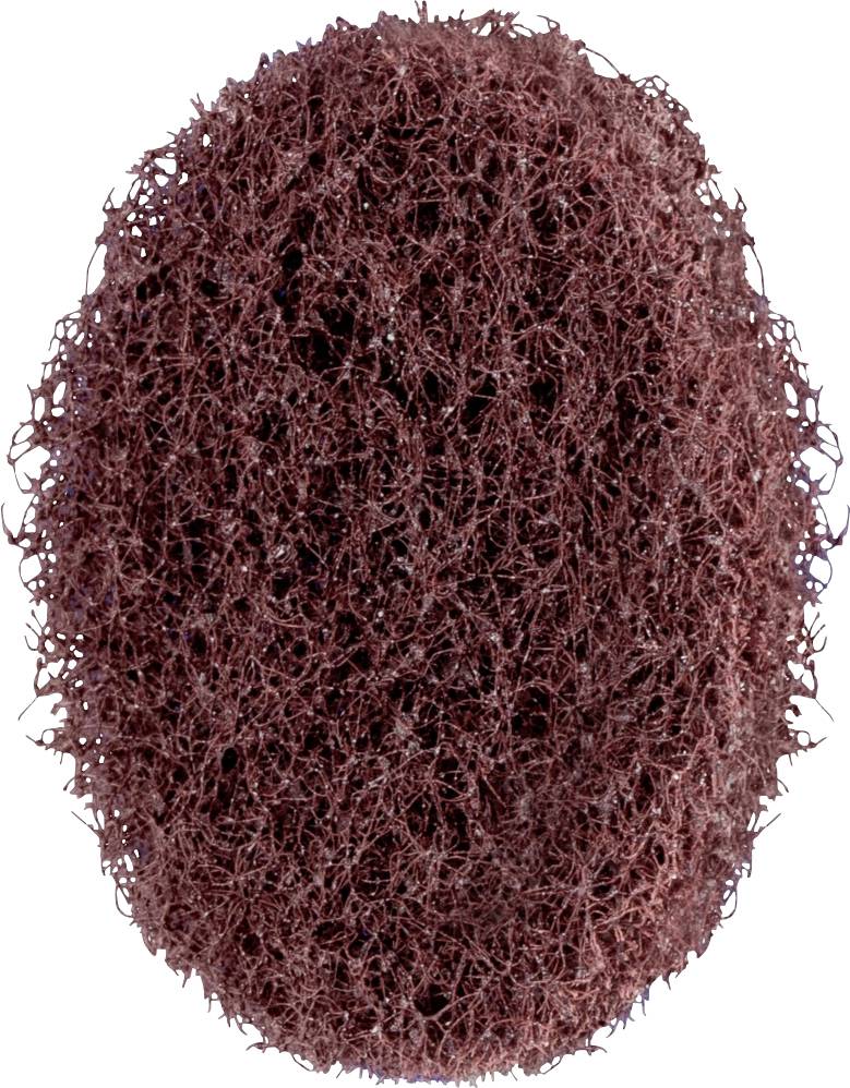 Ein ovales, dunkelrotes Schleifvlies, das eine Textur aus feinen Fasern zeigt.