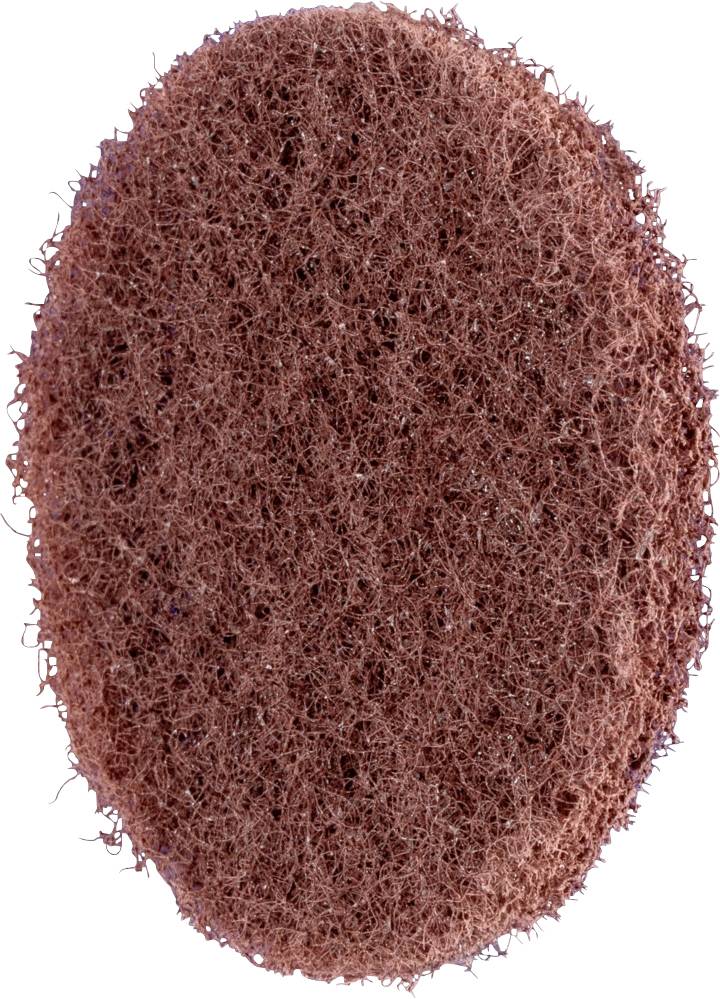 Nahaufnahme eines ovalen, rotbraunen Schleifpads mit rauer Textur, geeignet zum Reinigen oder Polieren von Oberflächen.