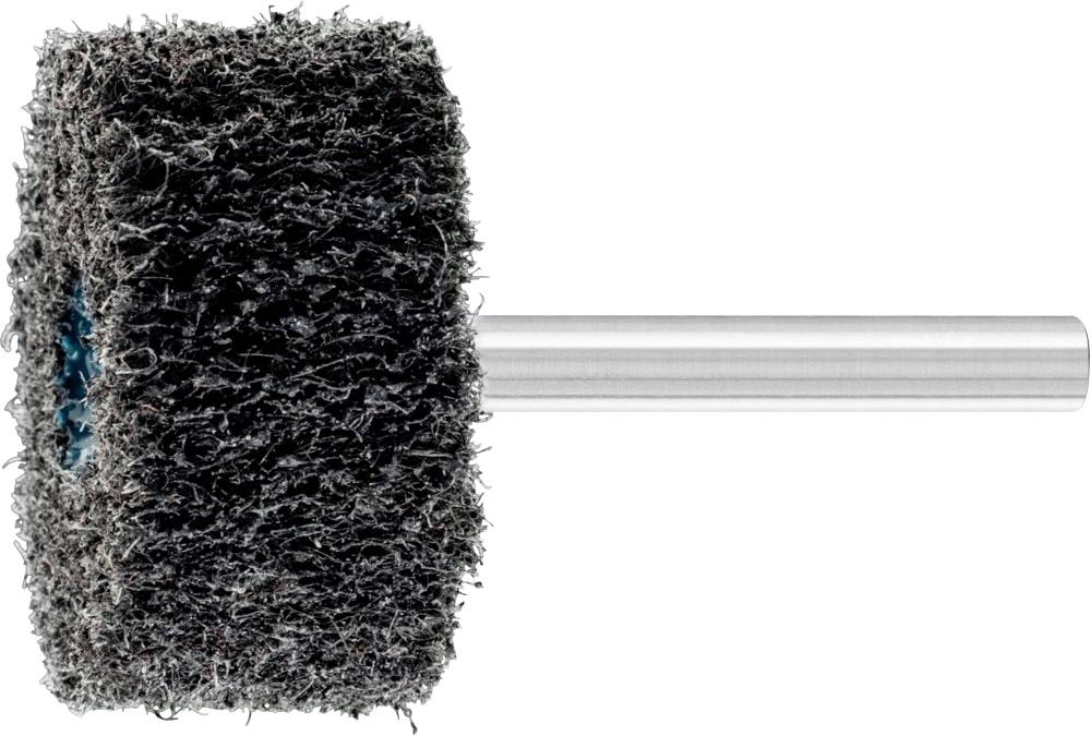 Schwarze Schleifbürste mit silbernem Griff, zylindrische Form. Verwendet für Oberflächenbearbeitung und Reinigung in Handwerk und Industrie.