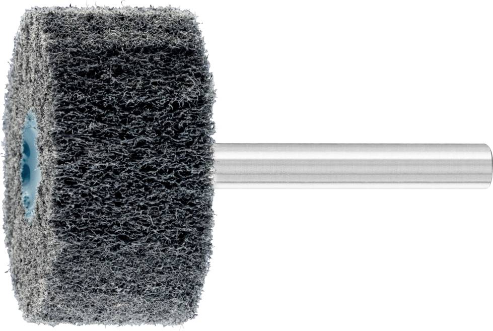 Schleifwalze mit grauem Schleifvlies und silbernem Schaft, geeignet für Oberflächenbearbeitung und Polieren von Materialien.