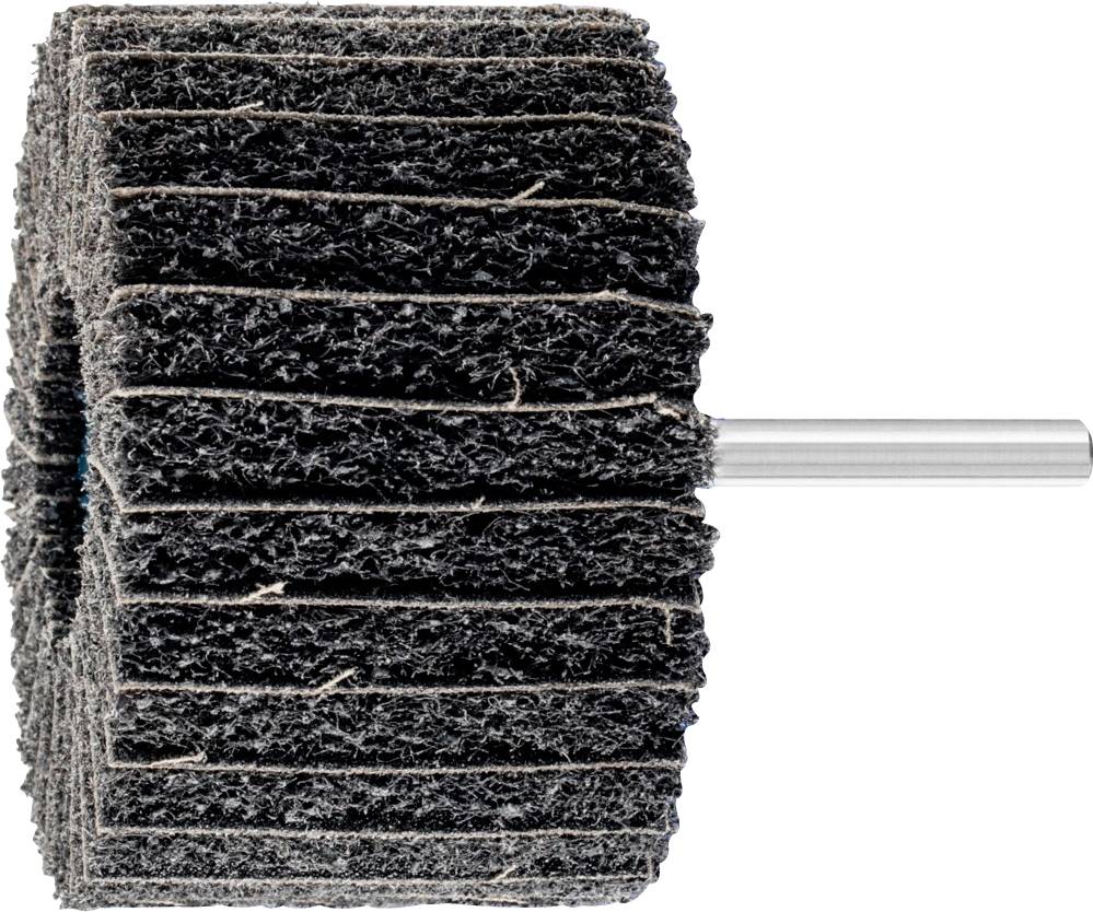 Ein Schleifaufsatz mit mehreren Schichten dunkler Schleifreifen und einem Metallstift zur Befestigung an einem Werkzeug.