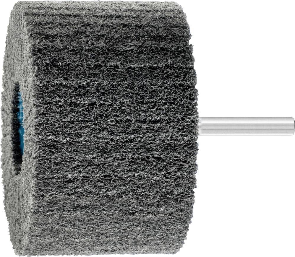 Ein graues Schleifwerkzeug mit zylindrischer Form und Metallstift, für Oberflächenbearbeitung gedacht.