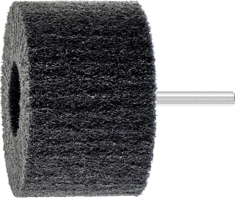 Eine Walzenbürste mit schwarzem, dichtem Borste, befestigt an einem Metallstift.