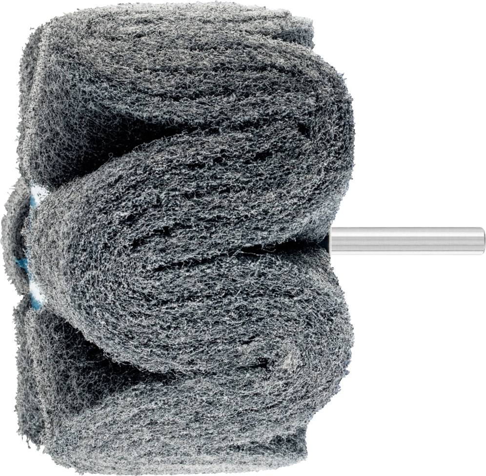 Eine graue, spulenförmige Schleifscheibe mit Metallschaft, verwendet zur Oberflächenbearbeitung.