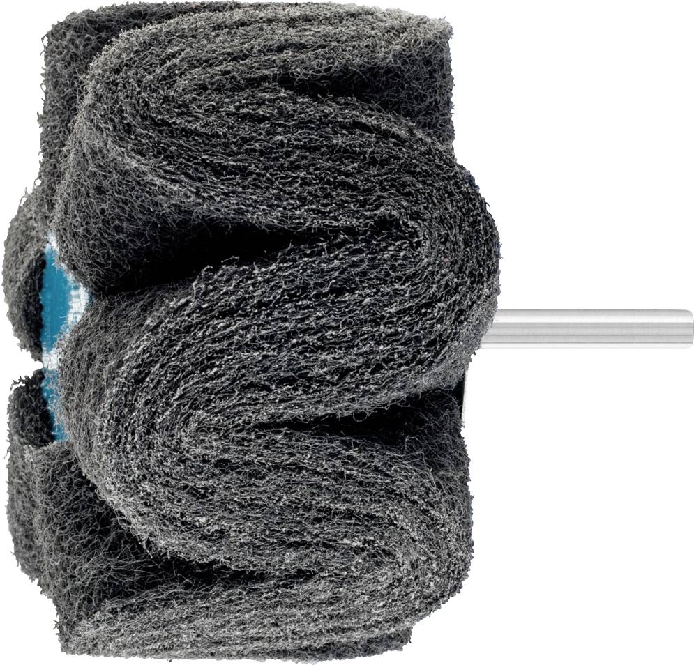 Eine dunkelgraue Schleifscheibe mit 3M-Muster und einem Metallstift in der Mitte, verwendet für Polieren oder Schleifen.