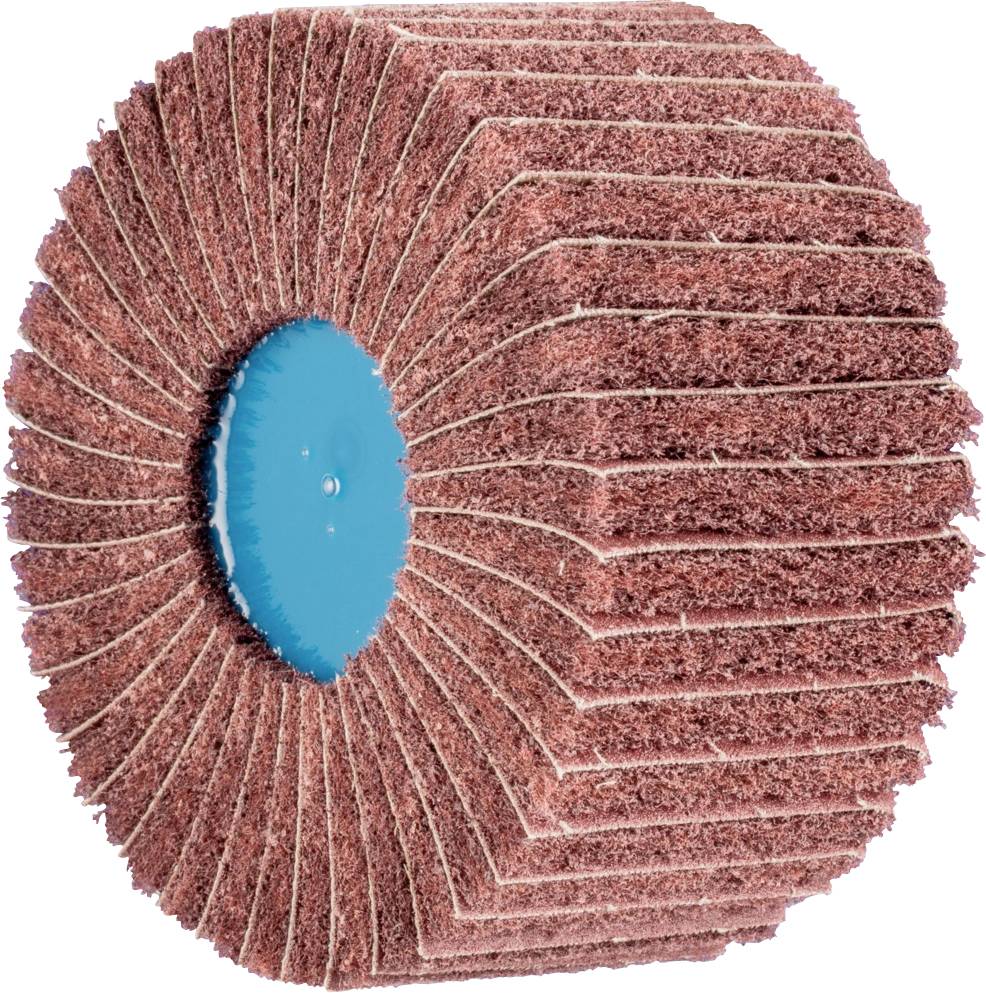 Ein schleifradförmiges Schleifwerkzeug mit rotem, laminierten Material und einer blauen, mittleren Scheibe, zur Oberflächenbearbeitung.