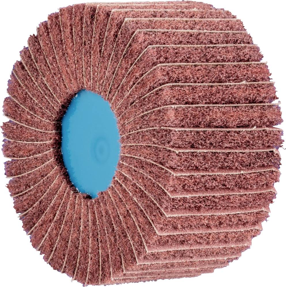 Schleiflamellenrad mit rotem Schleifpapier, radial angeordnet um einen blauen Kern. Verwendet zum Glätten oder Polieren von Oberflächen.
