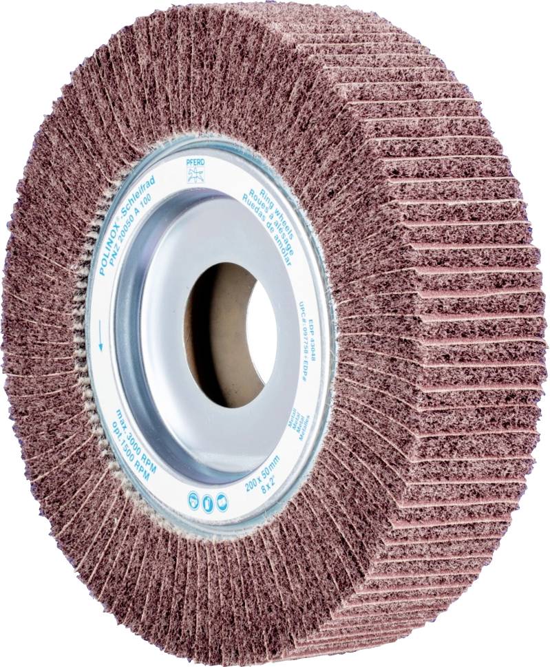 Schleifwalze mit rotem Schleifvlies, seitlich sichtbar. Eignet sich zum Schleifen und Polieren von Metalloberflächen.