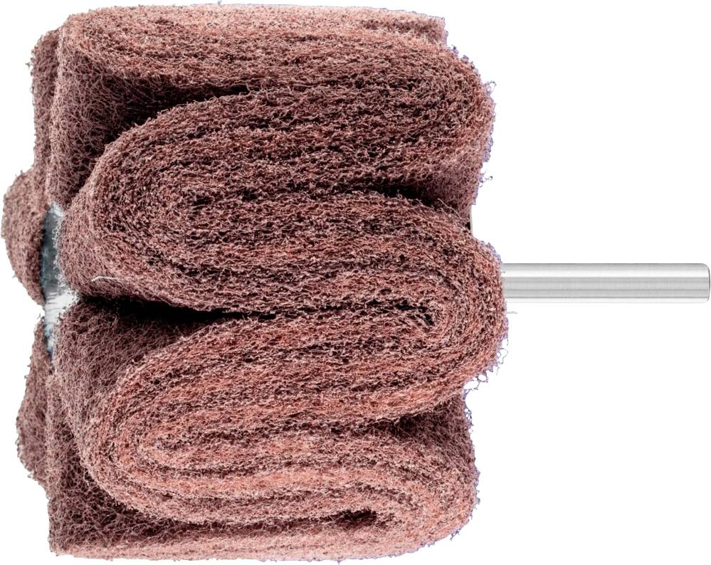 Ein rotbrauner Schleifaufsatz mit einer zylindrischen Form ist auf einem Metallstab befestigt, dient zum Polieren oder Schleifen.