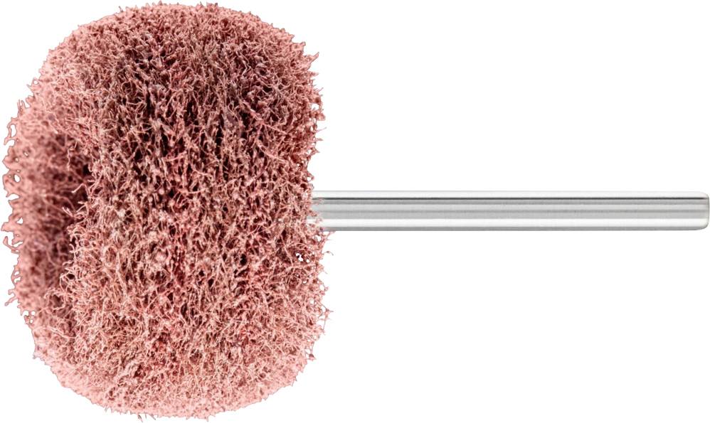 Polierwerkzeug mit runder, texturierter Bürste und Metallgriff, verwendet zur Oberflächenbearbeitung von Materialien.