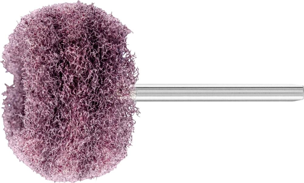 Ein rotbrauner Fächerschleifkopf mit einem Metallstift. Der Schleifkopf hat eine raue Textur, die für das Schleifen geeignet ist.