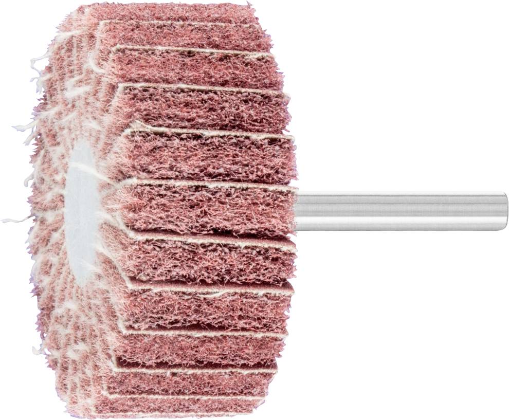Eine rot-weiße Schleifscheibe mit spitz zulaufendem Metallstift, seitlich dargestellt, auf weißem Hintergrund.