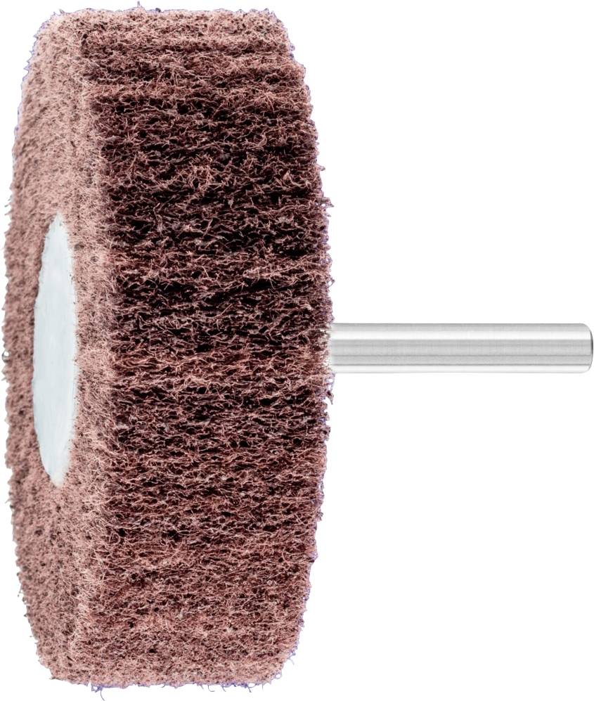 Scheibenförmiges Schleifwerkzeug mit braunem Schleifkopf und Metallstange. Verwendet zum Schleifen und Polieren von Oberflächen.