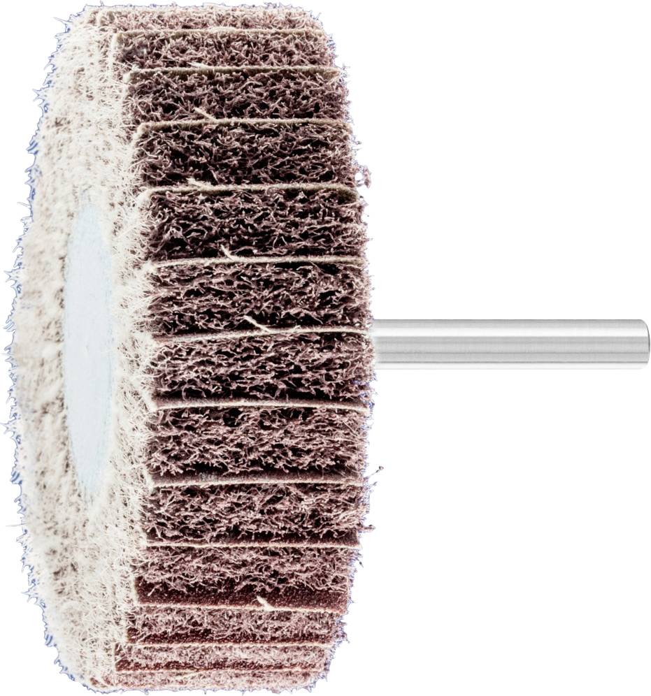 Schleifwerkzeug mit rundem, faserigem Rad und Metallstift für Befestigung, geeignet zum Polieren oder Glätten von Oberflächen.