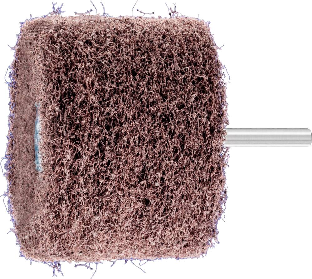 Ein zylindrisches Schleifwerkzeug mit rauer, brauner Oberfläche und einem silbernen Griff. Geeignet zum Glätten von Flächen.