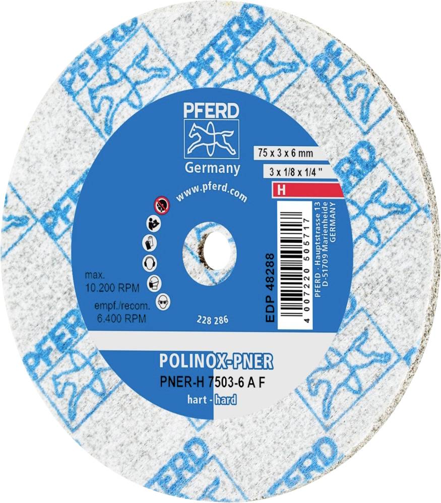 Schleifscheibe der Marke Pferd, Modell POLINOX-PNER, Maße: 75 x 6 x 6 mm, für max. 10.200 U/min, Anwendungen: Polieren und Schleifen.