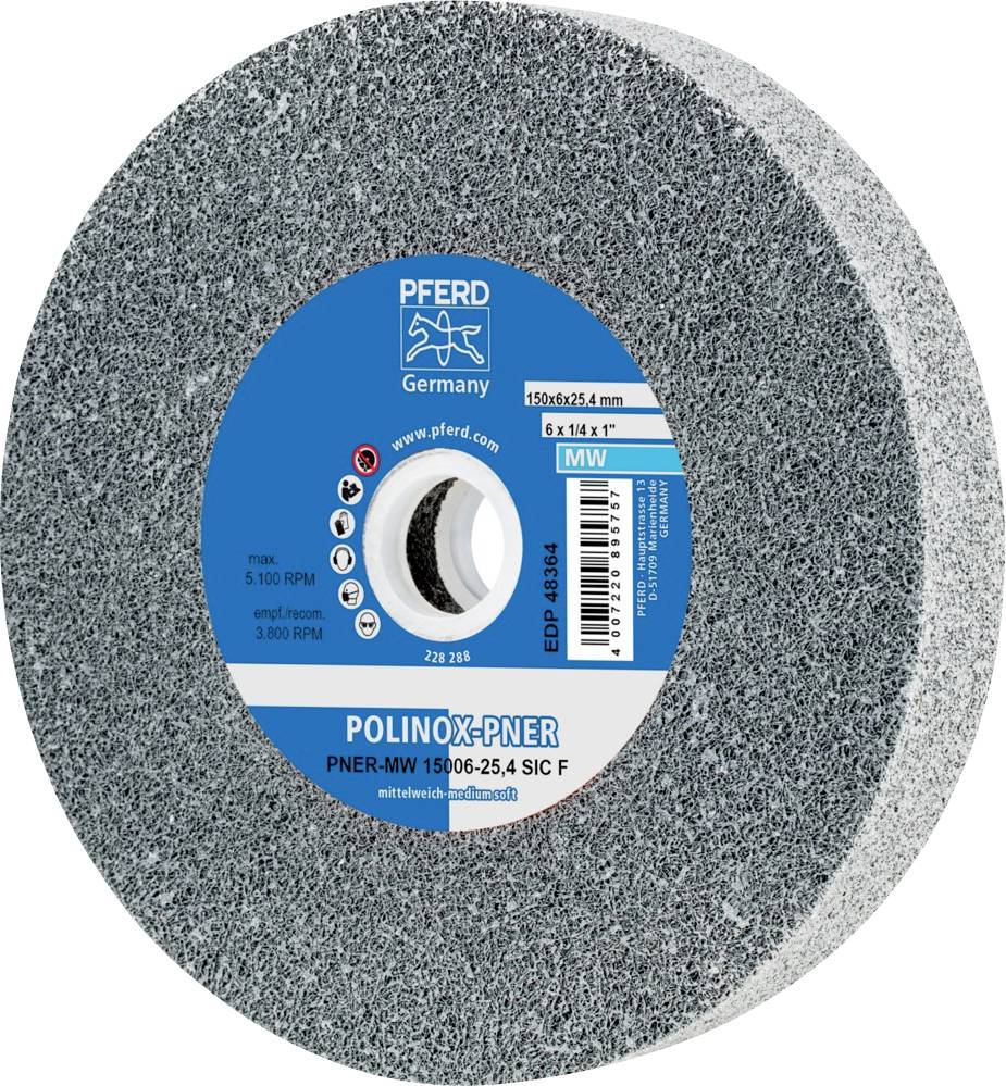 Schleifscheibe der Marke PFERD, Modell POLINOX-PNER, 150x25,4 mm, geeignet für Drehzahl bis 5100 U/min, mittlere Körnung.