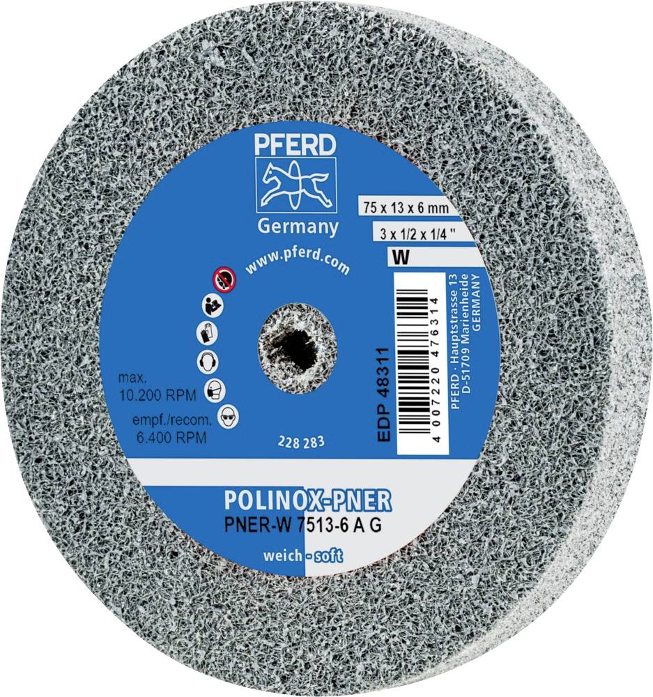 'POLINOX-PNER' Schleifwerkzeug von PFERD, rund, grau, mit blauer Etikett-Aufschrift. Max. Drehzahl: 10.200 RPM.