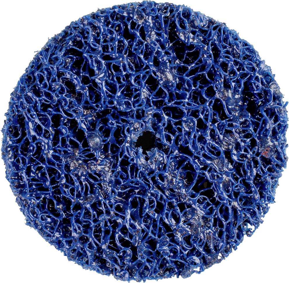 Runder, blauer Schleifschwamm mit grober, netzartiger Oberfläche, verwendet für das Entfernen von Rost oder Farbe.