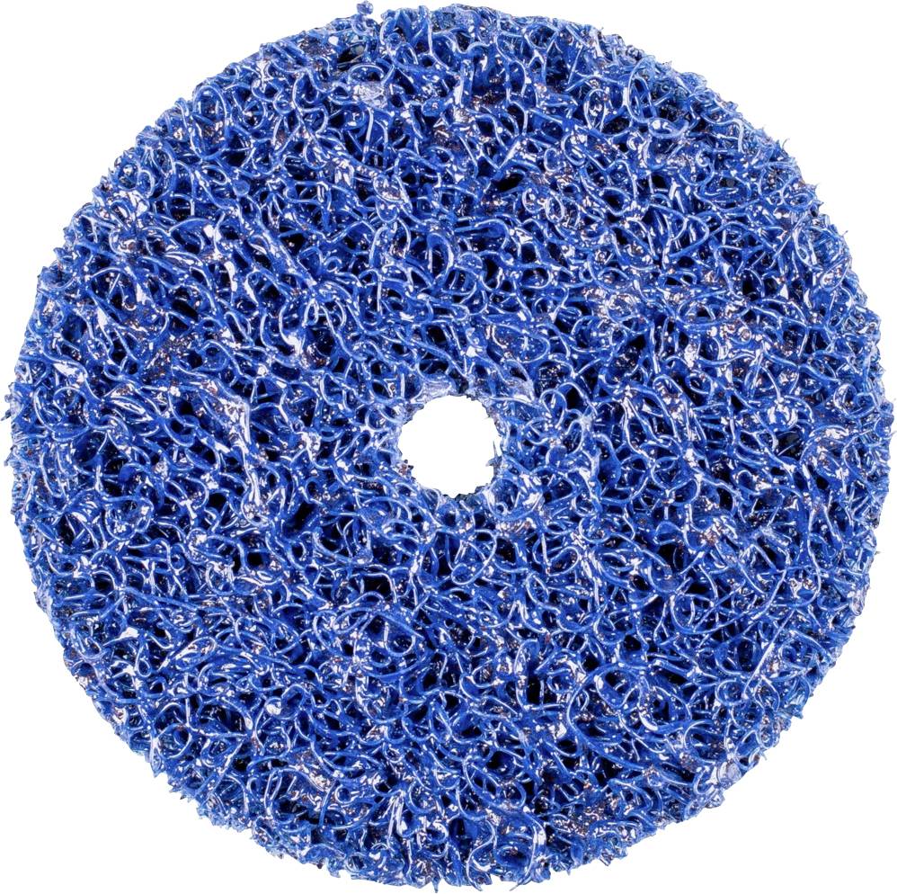 Runde Schleifscheibe aus blauem Kunststoffgeflecht mit zentralem Loch, geeignet für Oberflächenbearbeitung oder Reinigung.