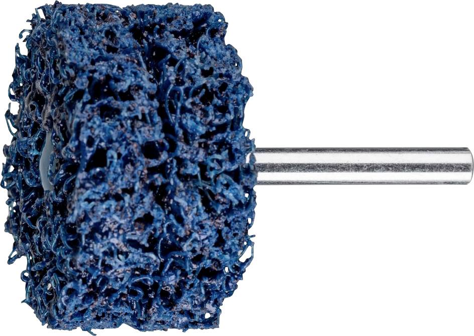 Ein blauer Schleifaufsatz mit metallischem Schaft, geeignet für die Oberflächenbearbeitung, vor weißem Hintergrund.