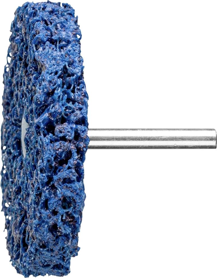 Ein Schleifaufsatz mit blauer, schwammartiger Oberfläche und Metallstiel, seitlich dargestellt. Verwendet zur Oberflächenbearbeitung.