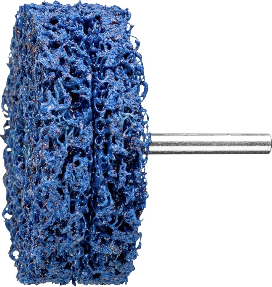 Ein blaues Schleifrad mit grober, offener Struktur auf einer Metallachse, geeignet zur Oberflächenbearbeitung und zum Entfernen von Rost.