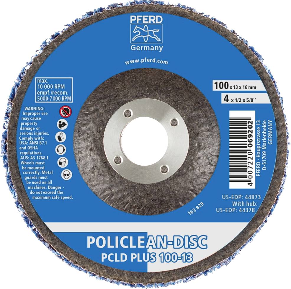 Schleifscheibe mit Metallkern, blauer Rand, Marke 'PFERD Germany', Typ 'POLICLEAN-DISC PCLD PLUS 100-13', max. 10.000 U/min.