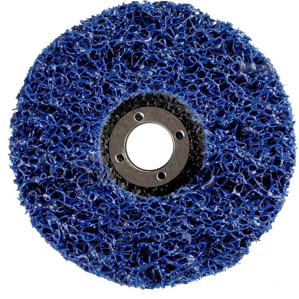 Ein blauer Schleifvlies-Rad für Oberflächenreinigung und Rostentfernung, mit einem kreisförmigen Loch in der Mitte.