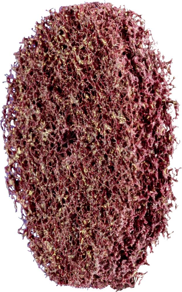 Eine grobe, ovale rote Scheuerkissen-Oberfläche. Es hat eine raue Textur, die auf intensive Reinigung hindeutet.