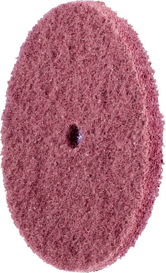 Ein rundes, rosafarbenes Schleifpad mit rauer Oberfläche, seitlich dargestellt.