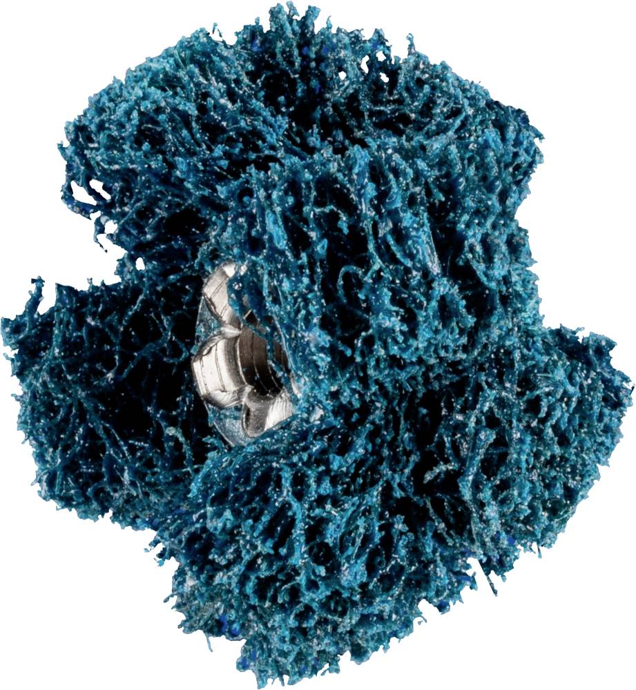Blauer Schleifaufsatz mit grober, schwammartiger Struktur, sichtbar ist auch ein Teil der Metallhalterung im Inneren.
