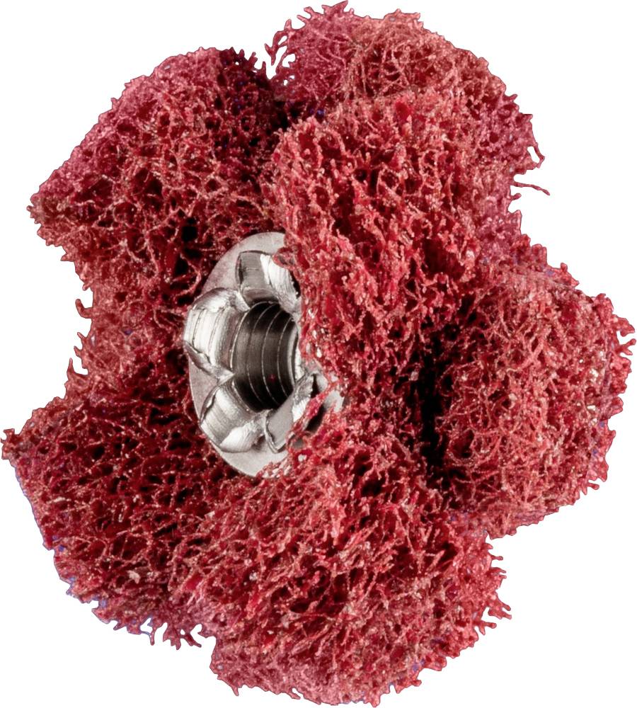 Ein roter Schleifvliesaufsatz mit Metallgewinde in der Mitte, verwendet zum Polieren oder Reinigen von Oberflächen.