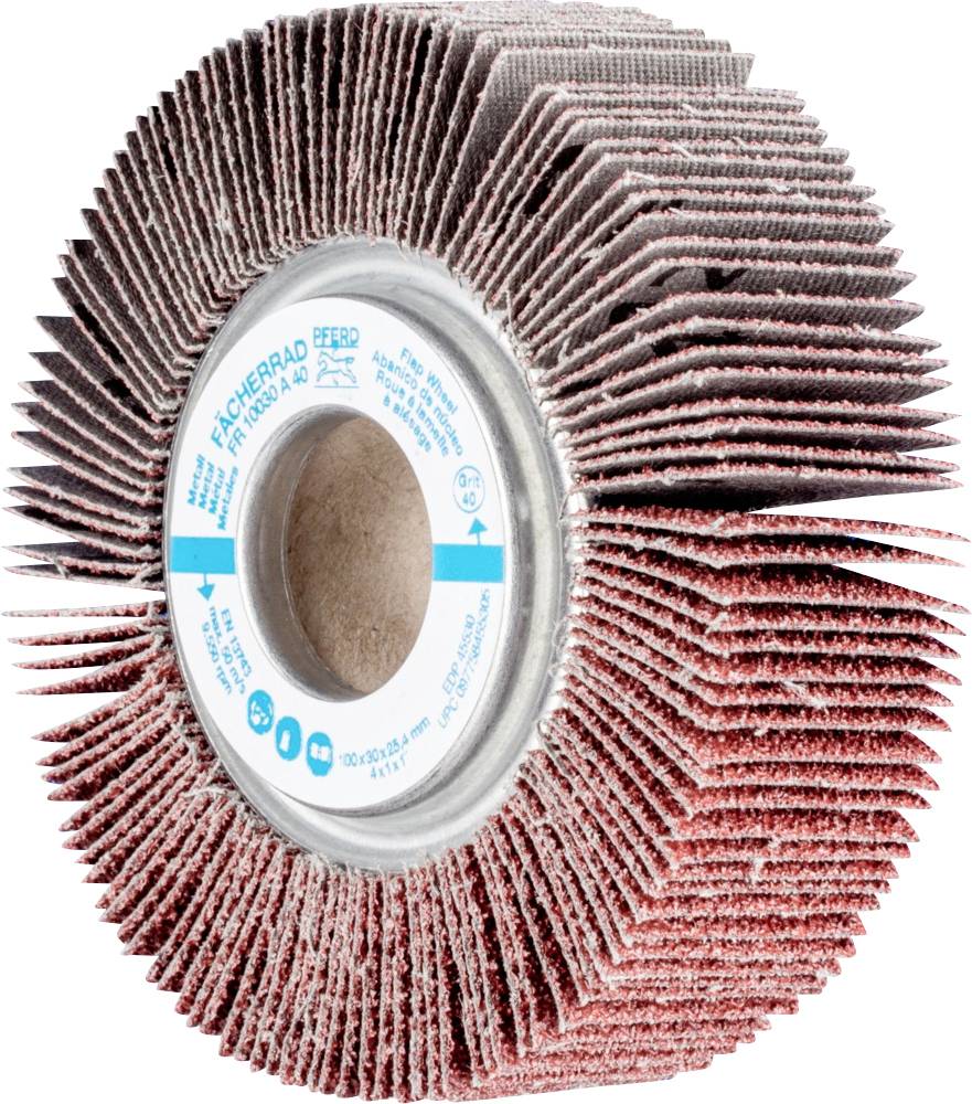 Schleiflamellenrad mit Metallkern und roten Lamellen für Schleifarbeiten.