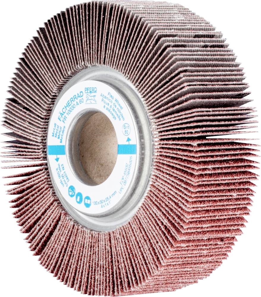 Schleifscheibe mit Lamellenstruktur und zentralem Loch, geeignet zum Schleifen von Metallen. Produktetikett mit technischen Details sichtbar.