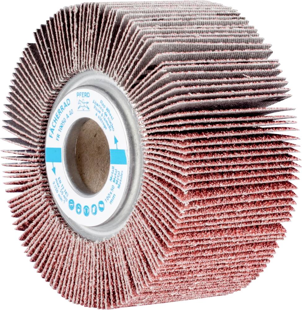 Schleifscheibe mit mehreren Schichten abrasiven Materials, genutzt zur Oberflächenbearbeitung. Zylinderform mit radial angeordneten Lamellen.