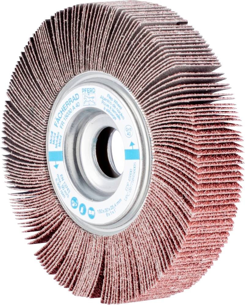 Ein rot-braunes Schleiflamellenrad mit grauer Metallscheibe in der Mitte. Text in der Mitte: 'Fächer Rad' und technische Details.