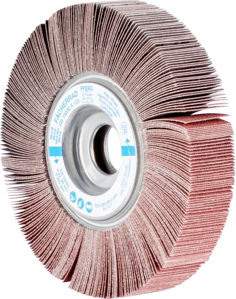 Ein Fächerrad aus Schleifpapier mit Metallscheibe in der Mitte. Es wird zum Polieren und Schleifen von Oberflächen verwendet.