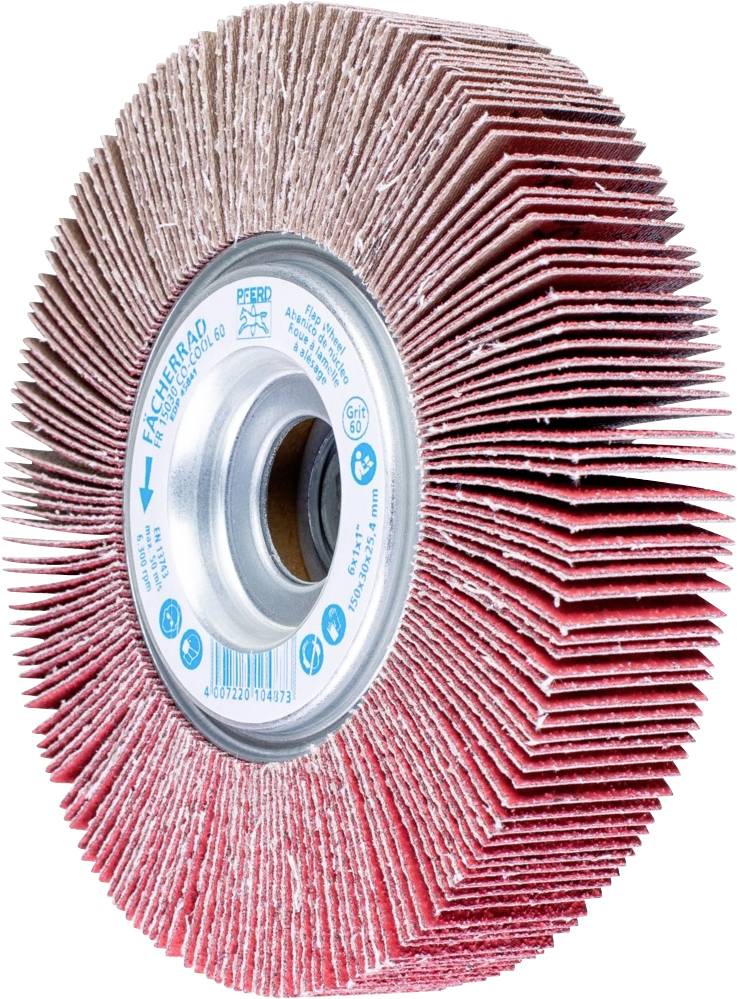 Eine rote Schleifscheibe mit vielen parallelen Lamellen, zentralem Metallkern und umlaufender Produktbeschriftung.