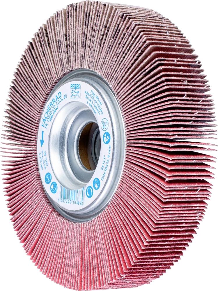 Ein Schleifwerkzeug mit zahlreichen Lamellen aus Schleifpapier, geeignet für den Einsatz auf Metalloberflächen zur Glättung und Entfernung von Material.