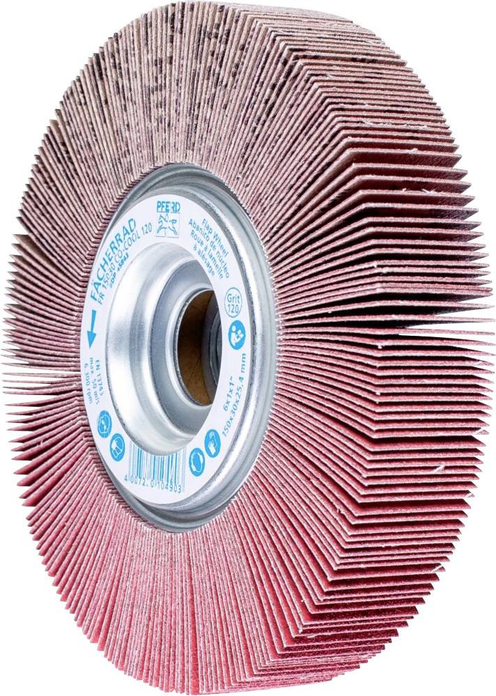 Ein rundes Schleifwerkzeug mit mehreren überlappenden Lamellen. Es ist überwiegend rot und in der Mitte befindet sich eine metallene Halterung.