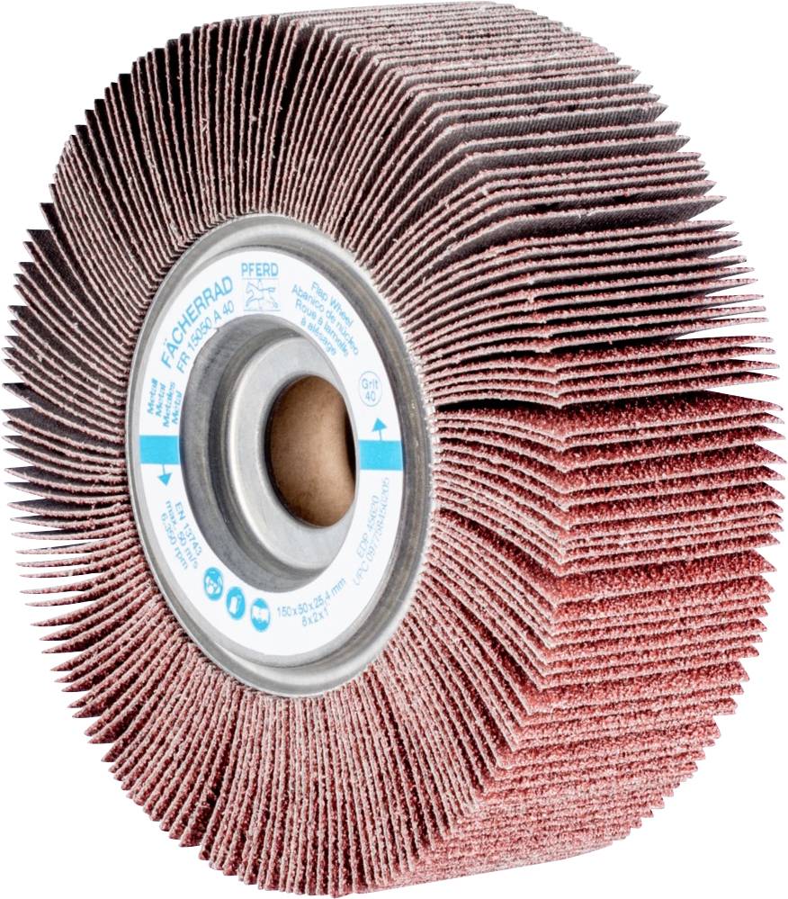 Schleifwalze mit radial angeordneten Schleifscheiben für Oberflächenbearbeitung, geeignet für Metalle und Holz, braune Scheiben.