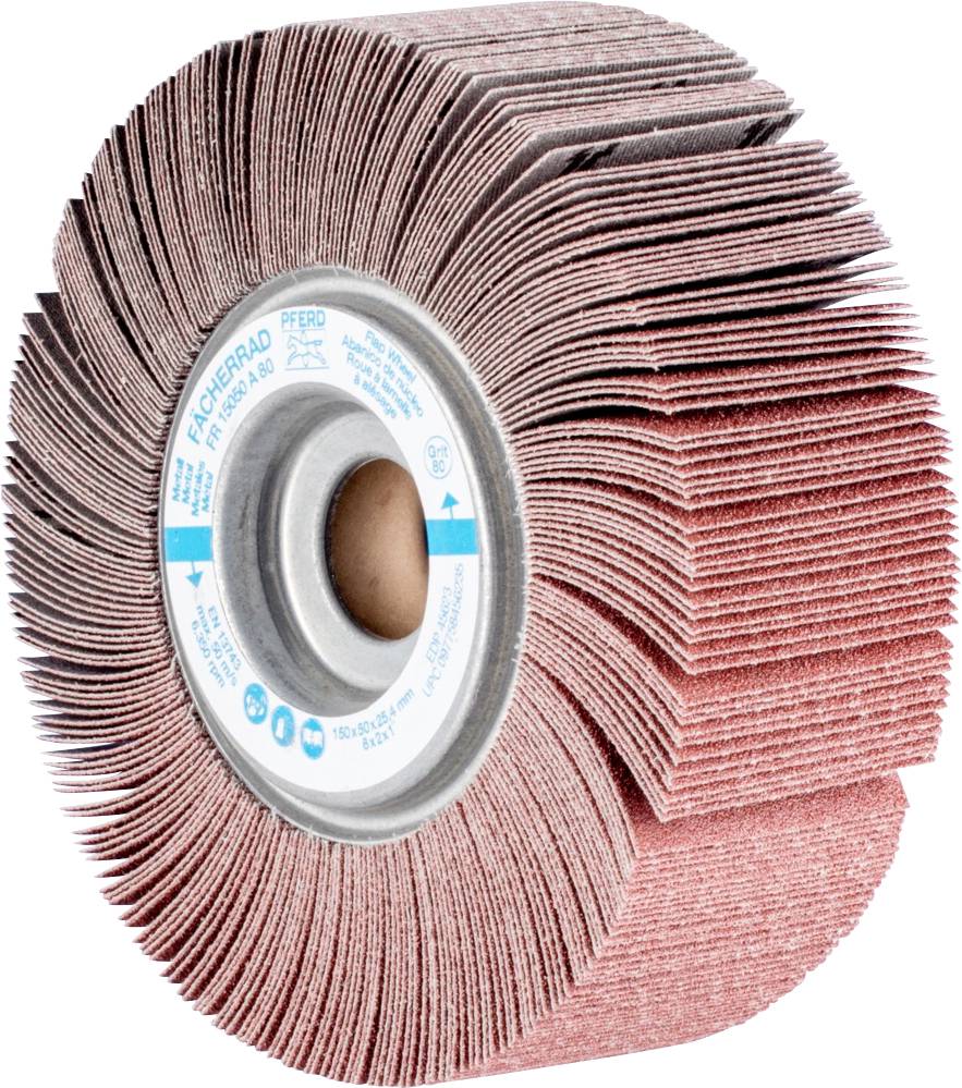 Ein Schleiflamellenrad mit radial angeordneten Schleifblättern, befestigt an einer Metallscheibe in der Mitte.