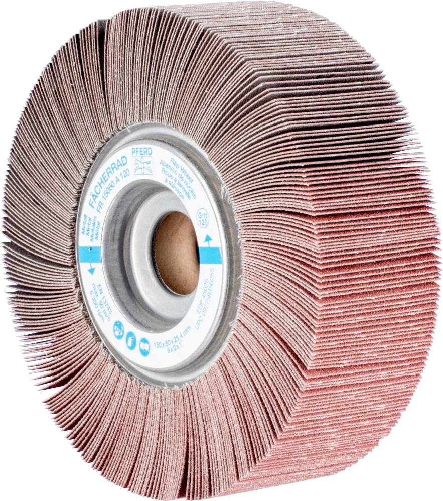 Eine Schleifscheibe mit radförmiger Anordnung von Lamellen aus Schmirgelpapier, geeignet für die Oberflächenbearbeitung.