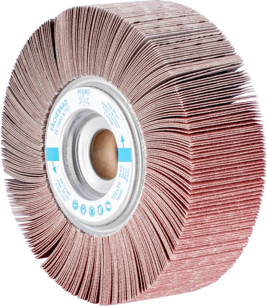 Schleifscheibe mit vielen Lamellen, hauptsächlich rot, zentraler Metallkern, für Oberflächenbearbeitung und Polieren.