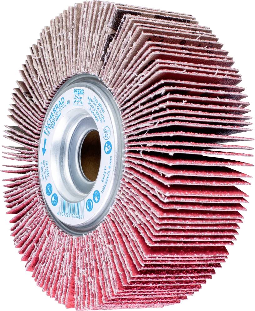 Schleifscheibe mit blättrigen Lamellen und einem Metallschaft in der Mitte, geeignet für die Bearbeitung von Metalloberflächen.