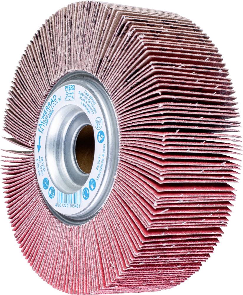 Schleifmop mit radial angeordneten Lamellen und blauem Etikett in der Mitte, verwendet zum Schleifen und Polieren von Oberflächen.