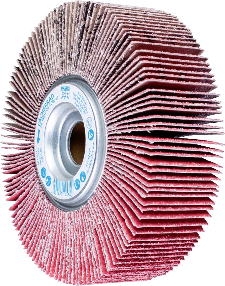 Eine rote Schleifmoprolle mit mehreren lamellenartigen Schichten rund um die Achse, wahrscheinlich für Oberflächenbearbeitung.