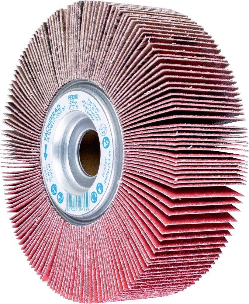 Schleifmop mit radial angeordneten Schleiflamellen. Metallenes Zentrum mit Aufschrift 'PFERD' und Anleitungspfeilen für die Rotation.